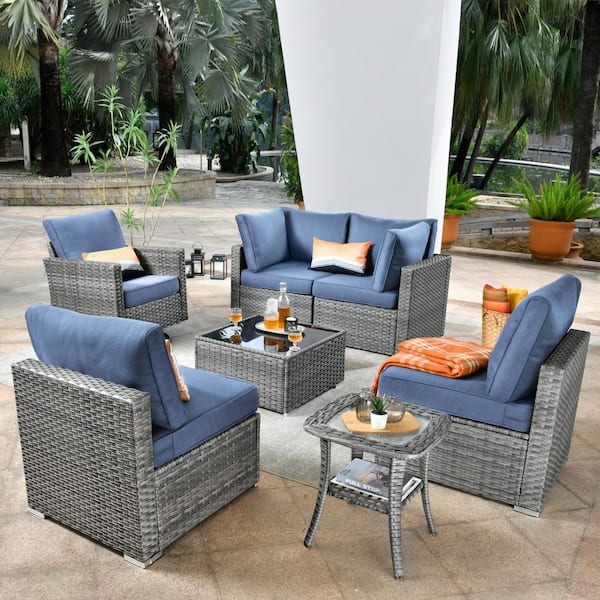 Daffodil M Gray 7-Piece Wicker Patio Outdoor Conversation Sofa Set with a Swivel Rocking Chairs and Denim Blue Cushions