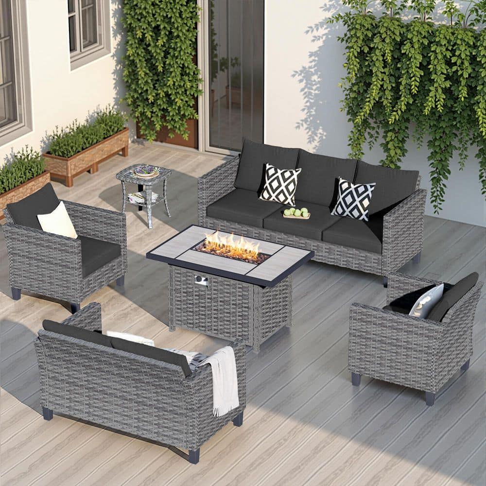 New Star Gray 6-Piece Wicker Patio Rectangle Fire Pit Conversation Seating Set with Black Cushions price history on PriceWatchPro
