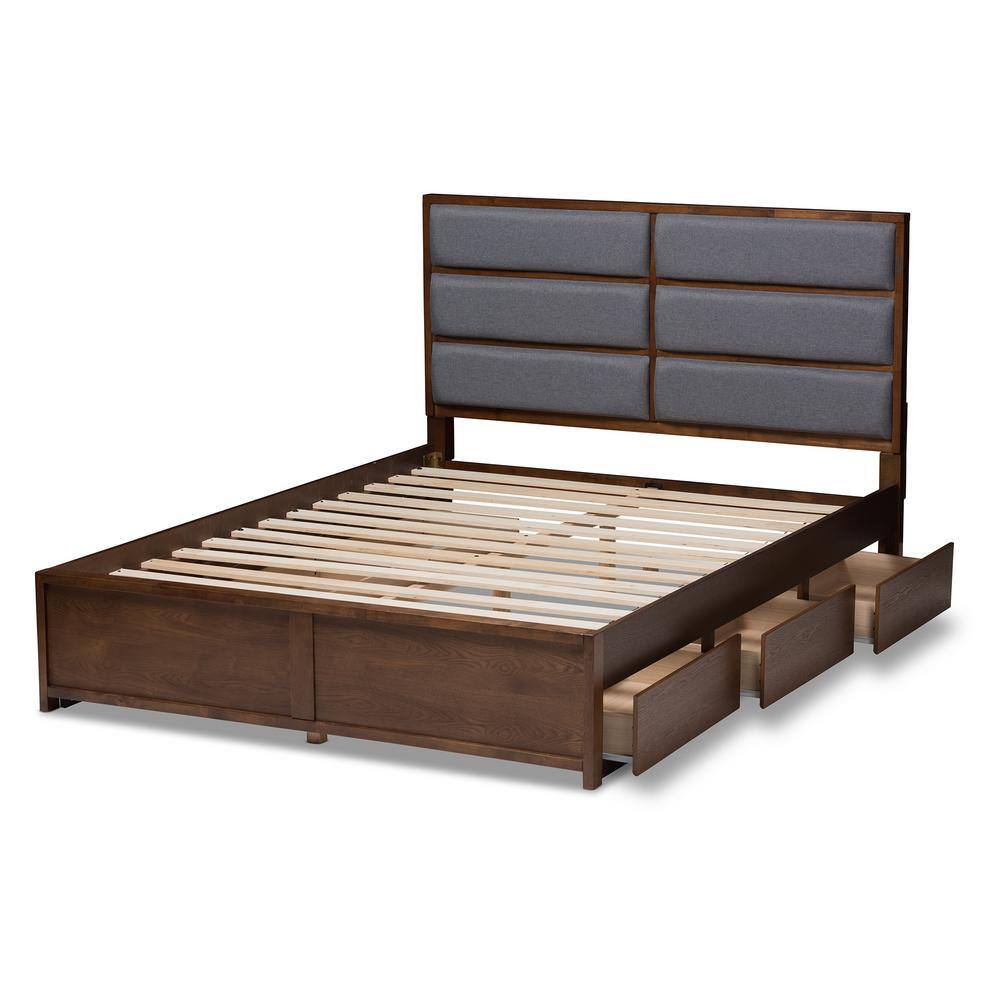 Walnut and Gray Upholstered Queen Storage Platform Bed with Drawers