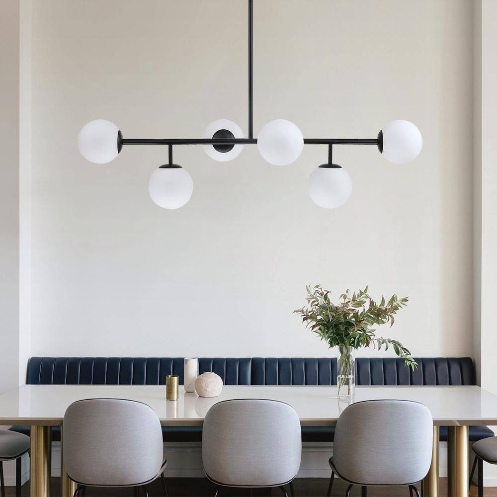 Matte Black Linear Sputnik Chandelier with Frosted Glass Globes