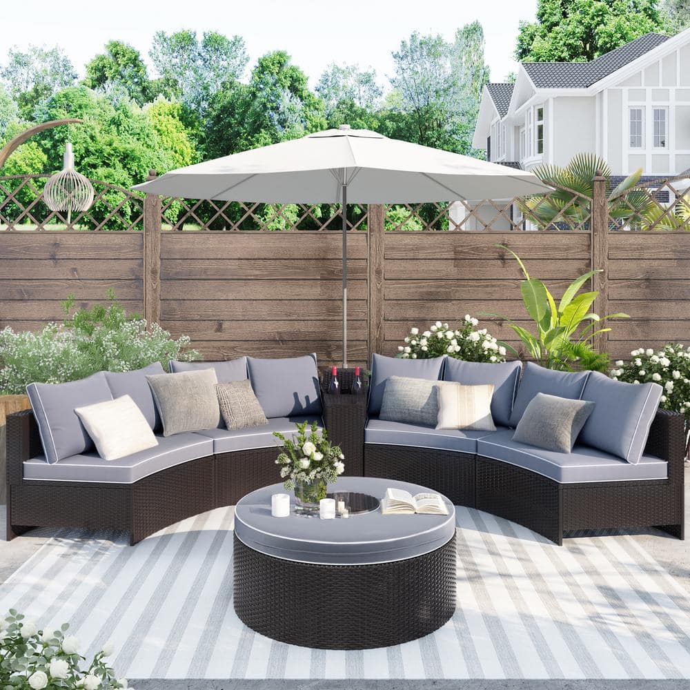 6-Piece Wicker Sectional Half Round Patio Conversation Set with Gray Cushio