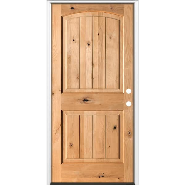 36 in. x 80 in Rustic Knotty Alder Top Arch V-Groove Left-Hand/Inswing BEHR Cedar Stain Exterior Wood Prehung Front Door