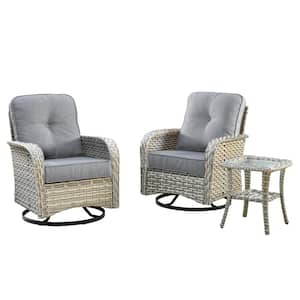 Beverly Gray 3-Piece Wicker Outdoor Patio Conversation Swivel Rocking Chair Seating Set with Dark Gray Cushions