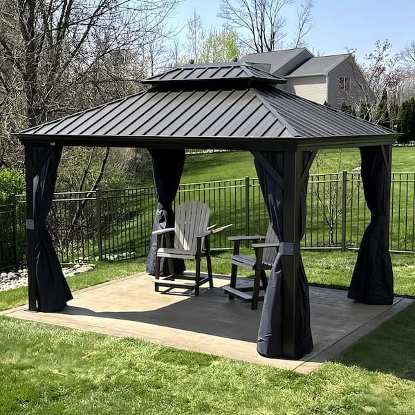 PURPLE LEAF 10 ft.x 12 ft.Bronze Aluminum Power-Coated Frame Galvanized Steel Double Roof Hardtop Gazebo,Hooks, Netting,Blue Curtain
