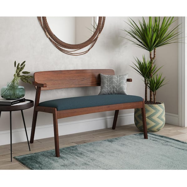 Handy Living Richman 30 In H Cherry Mid Century Modern Wood Dining Bench With Back Arms And Upholstered Seat In Blue Fabric A158411 The Home Depot