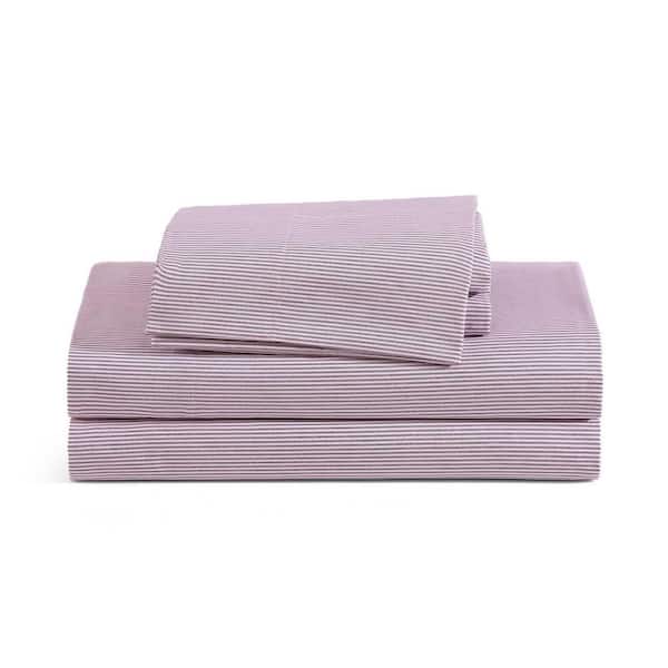 Ithaca Stripe 4-Piece White/Burgundy Red Cotton Percale King Sheet Set