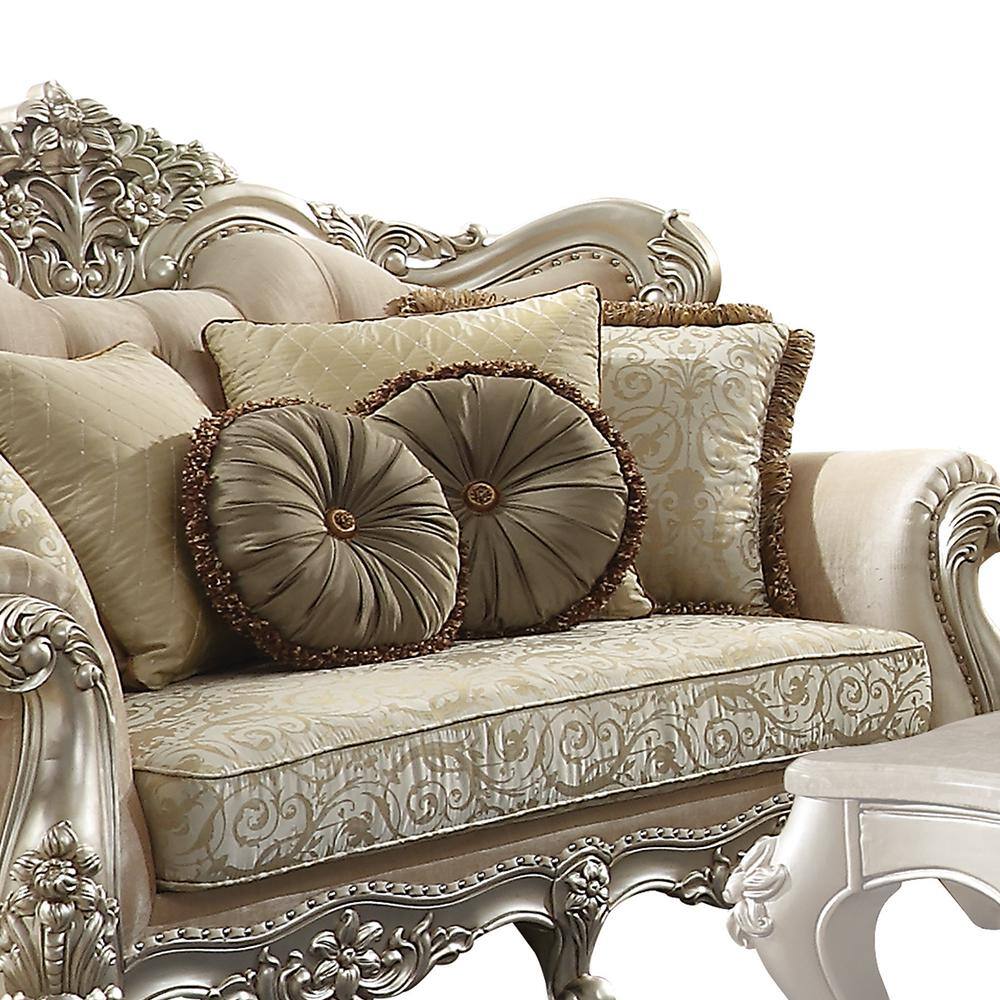 Champagne Beige Tufted Linen Rolled Arm Loveseat with Nailhead Trim