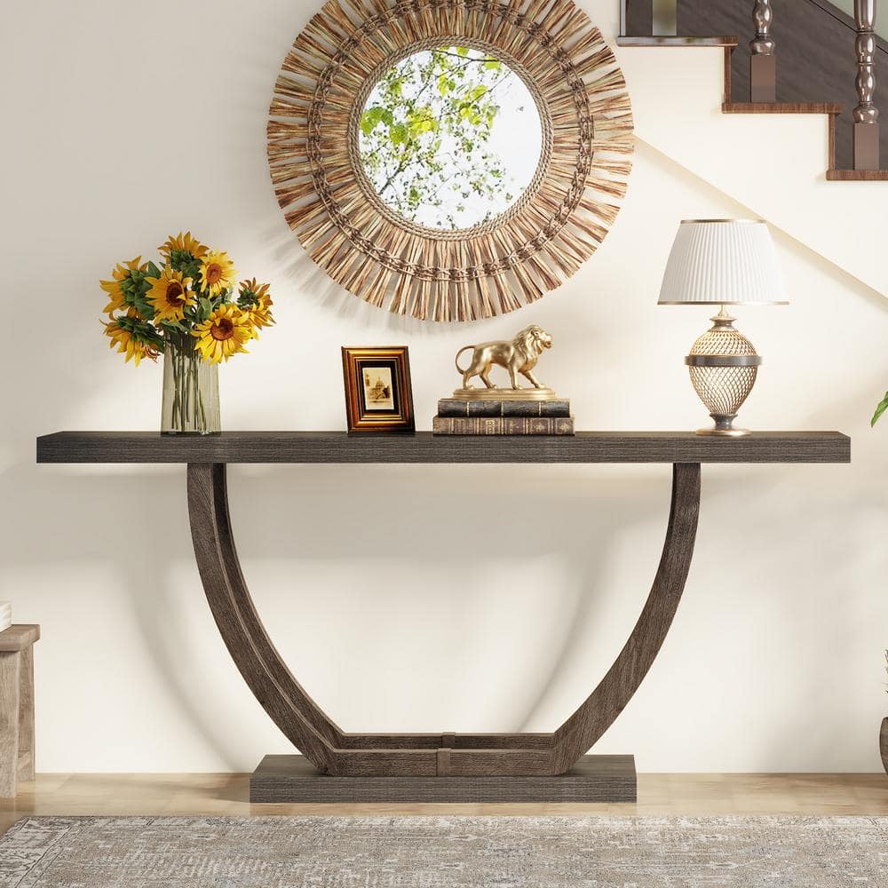 Gray 63-Inch Farmhouse Wood and Metal Console Table with Storage
