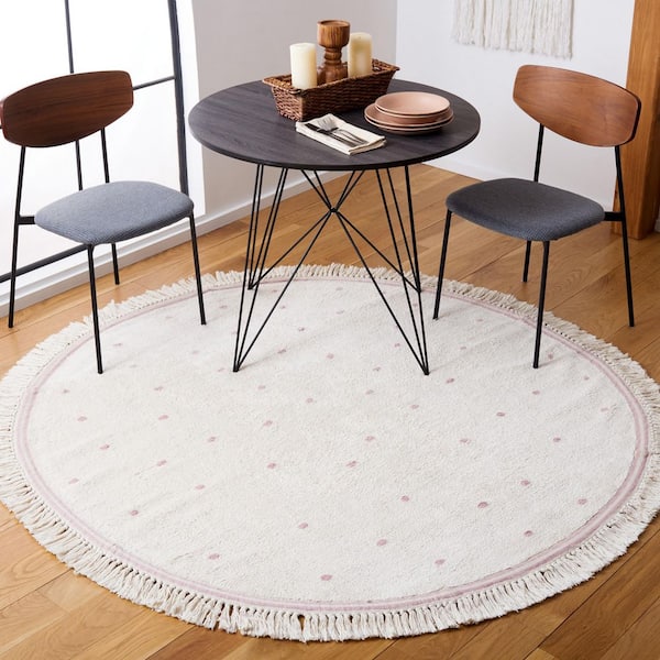 Easy Care Ivory/Pink 6 ft. x 6 ft. Machine Washable Spotted Fringe Round Area Rug