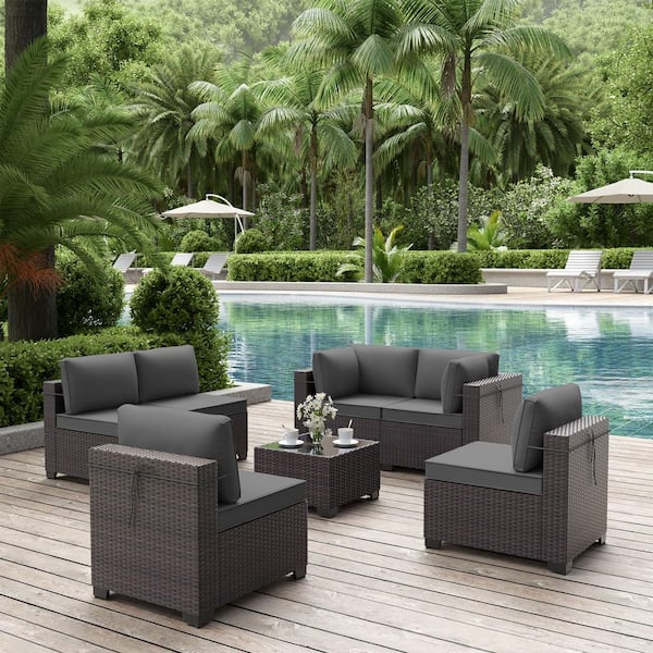 Halmuz 7-Piece Wicker Outdoor Sectional Set with Cushion Gray 7PS