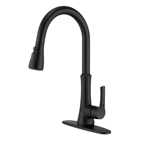 Mondawe Single Handle Functions Deck Mount High Gooseneck Pull Down Sprayer Kitchen Faucet In