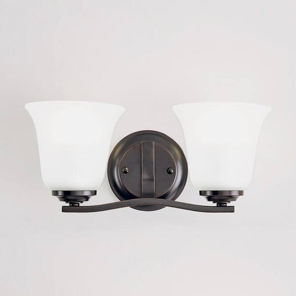 Generation Lighting - Emmons 14.625 in. 2-Light Bronze Traditional Transitional Bathroom Vanity Light with Satin Etched Glass Shades