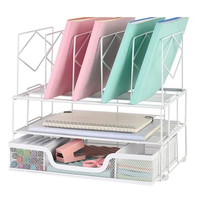 White 12.8 in. x 12 in. Metal Modern Desk Organizers with Sliding Drawer, Double Tray