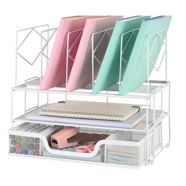 White 12.8 in. x 12 in. Metal Modern Desk Organizers with Sliding Drawer, Double Tray