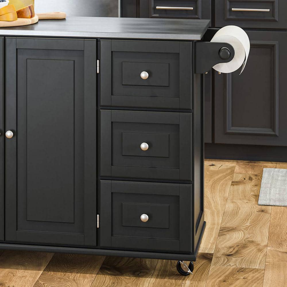 Stainless Steel Top Rectangular Kitchen Cart with Spice Rack and Storage, Black