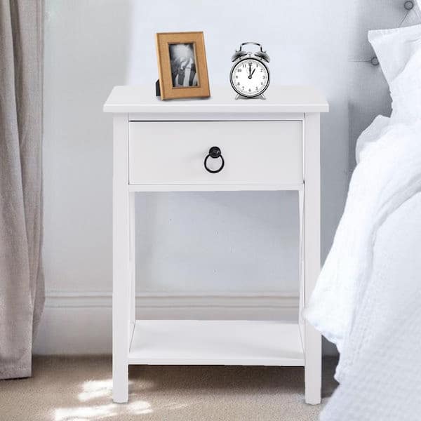 MAYKOOSH 16 in. White,1-Drawer Wooden End Table w/ Lateral Storage Shelf Nightstand, File Cabinet for Small Spaces Bed Side Table