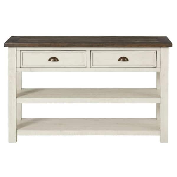 Benjara 16 in. Cream White and Brown Rectangle Wood Top Console Table with 2 Drawer and 2 Shelves
