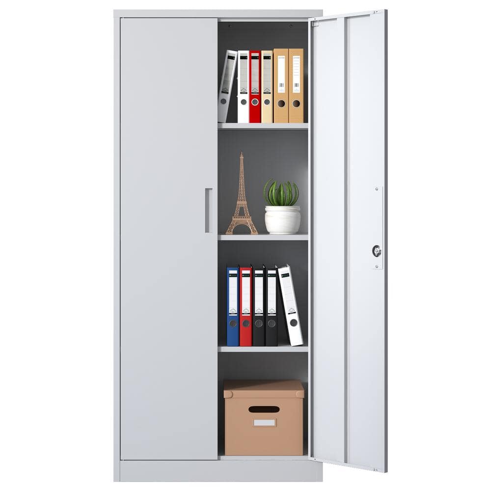 White 71in.H Metal Garage Storage Cabinet Tool Steel Locking Cabinet w/ Doo