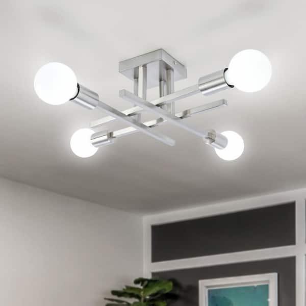 LWYTJO 18.11 in. 4-Light Nickel Dimmable Sputnik Linear Chandelier Semi Flush Mount Chandelier for Living Dining Room Foyer