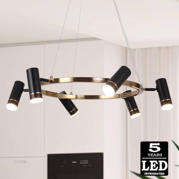 Zevni 31.5 in. 36-Watt Modern 6-Light Black Integrated LED Sputnik Chandelier, Brass Gold Pendant Light with Cylinder Shade