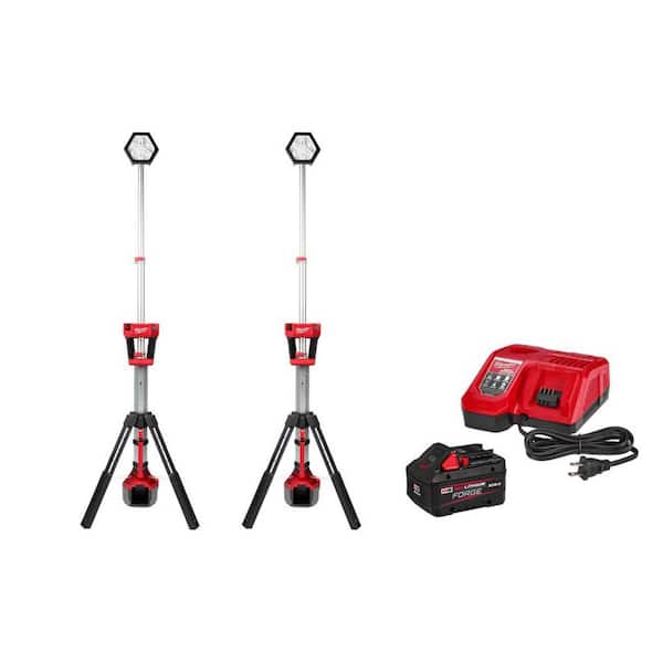 M18 18-Volt Lithium-Ion Cordless Rocket Dual Power Tower Light 2 Pack w/ FORGE 8.0 Ah Battery & Charger