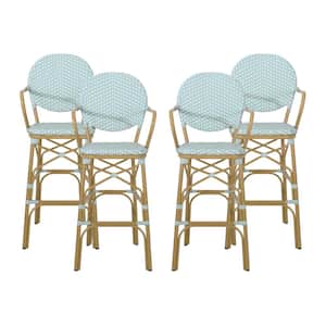 Ladieu Light Teal and White Aluminum and Wicker Outdoor Patio Bar Stool (4-Pack)