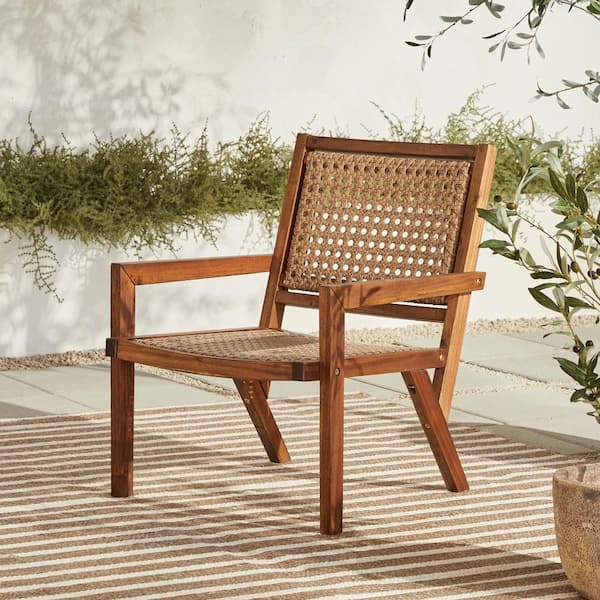 Walker Edison Furniture Company Dark Brown Wood and Rattan Mid-Century Modern Outdoor Lounge Chair