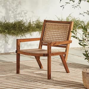 Dark Brown Wood and Rattan Mid-Century Modern Outdoor Lounge Chair