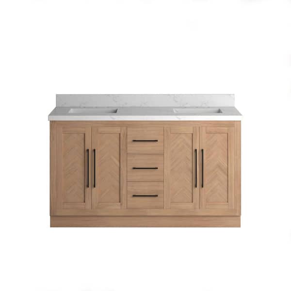 Vivian 60 in. Double Freestanding Bath Vanity in Light Oak with Statuario Venato Marble Quartz Top and Square Sinks
