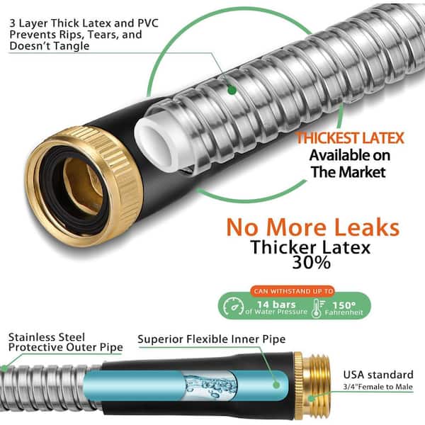 3/4 in. Dia x 50 ft. Heavy-Duty Stainless Steel Metal Water Hose Solid Fittings, Flexible and Light-Weight