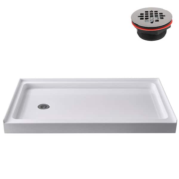 60 in. L x 32 in. W Alcove Acrylic Shower Pan Base in Glossy White with Left Drain, Drain Included