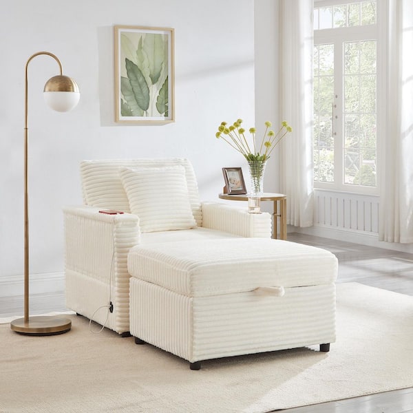 Doralin Modern White Corduroy Upholstered Arm Chair with Storage Ottoman, Pillow, Cup Holder and Table Board