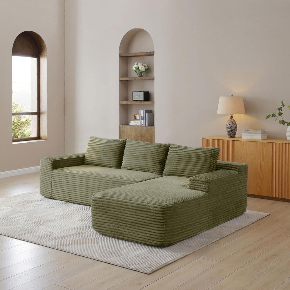 Seafuloy 96 in. Corduroy L-Shaped Sectional Sofa with Ottoman