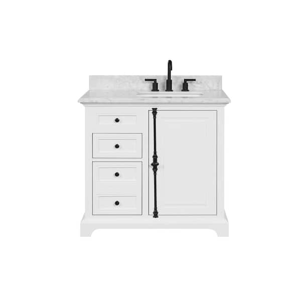 Loda 37 in. Single Sink Freestanding White Bath Vanity with White Marble Top (Assembled)