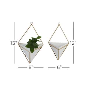 13in. Medium White Metal Geometric Indoor Outdoor Triangle Wall Planter (2- Pack)