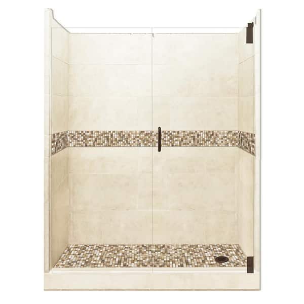 American Bath Factory Roma Grand Hinged 42 in. x 60 in. x 80 in. Right Drain Alcove Shower Kit in Desert Sand and Old Bronze Hardware