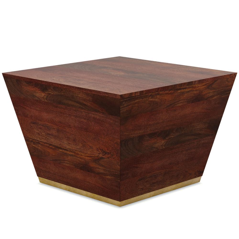 Cognac Brown Solid Mango Wood Square Coffee Table with Brass Trim
