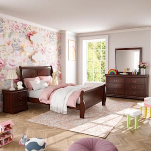 4-Piece Burkhart Cherry Wood Twin Bedroom Set with Nightstand and Dresser/Mirror