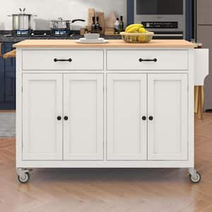 White Solid Wood Top 54.3 in. Kitchen Island with 4 Door Cabinet and 2 Drawers