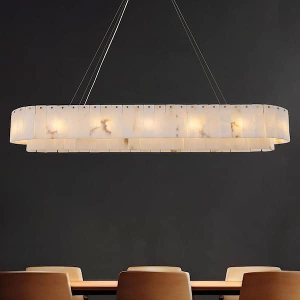YUYI 14-Light White Alabaster Chandelier, Adjustable Modern Rectangle Chandelier for Dining Room, Kitchen Island-L54 in.
