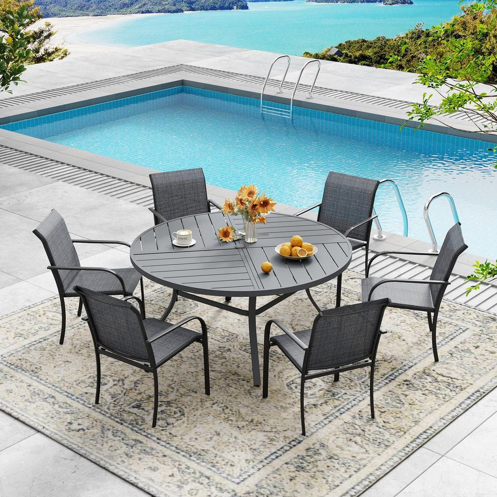 7-Piece Outdoor Patio Dining Set with 50 in. Dark Grey Metal Round Table and 6-Grey Dining Chairs price history on PriceWatchPro