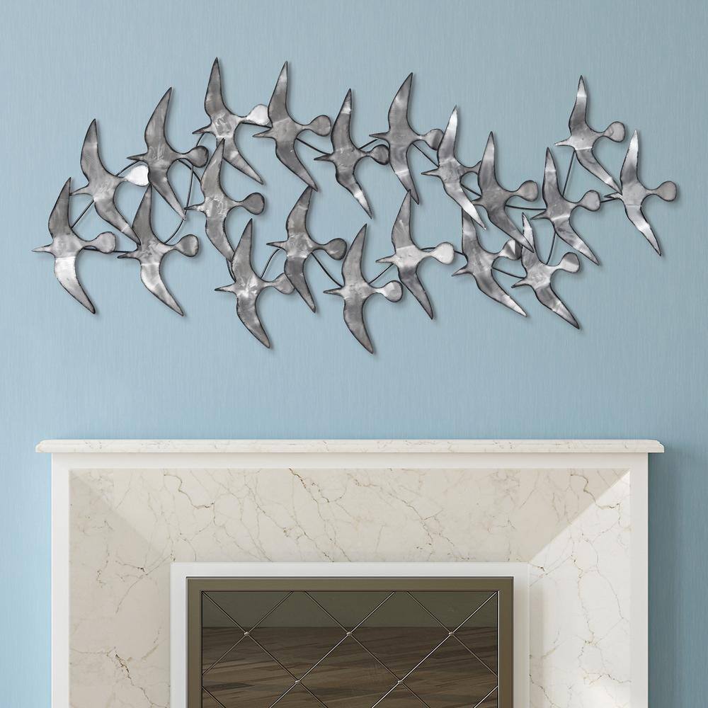 Hand Painted Silver Metal Bird Wall Sculpture, 52" x 22.8"
