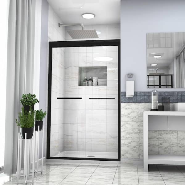 48 in. W x 76 in. H Double Sliding Framed Shower Door in Matte Black Finish with Glass