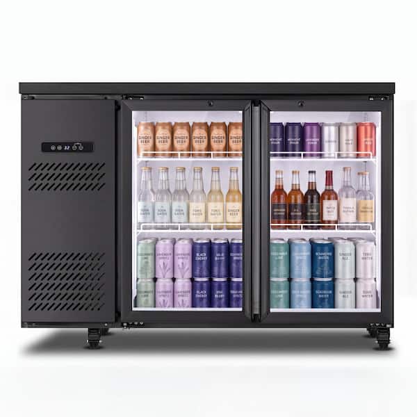 48 in. W 11 cu. ft. Commercial 2-Glass Door Back Bar Cooler Refrigerator with LED Lighting in Black