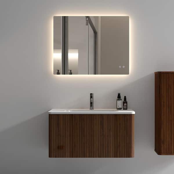 Staykiwi 24 in. W x 18 in. D x 15 in. H Single Sink Wall Mounted Floating Bath Vanity in Walnut with White Ceramic Top