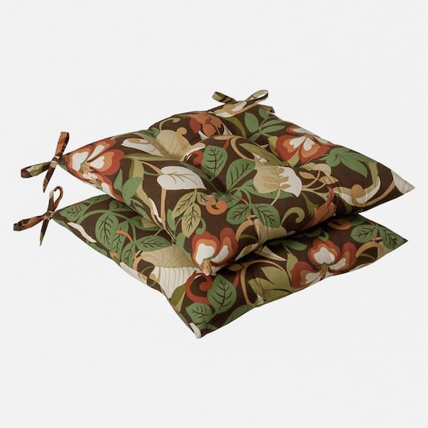 Pillow Perfect Floral 19 in. x 18.5 in. Outdoor Dining Chair Cushion in Brown/Green (Set of 2)