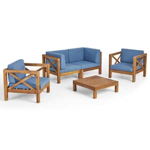 Brava Teak Brown 5-Piece Wood Patio Conversation Seating Set with Blue Cushions