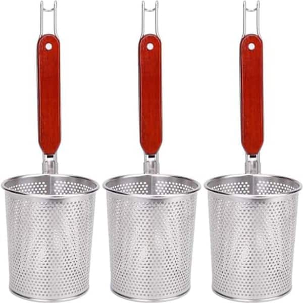 Stainless Steel Mesh Pasta Basket Strainer Wooden Handle, 3-Pack, for Pasta, Noodles, Dumplings, Vegetables, and Fruits