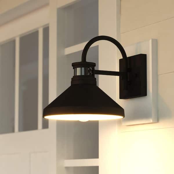 Highland Park 9.5 in. H Matte Black and White Motion Sensing Dusk to Dawn Outdoor Wall Sconce Light, Dimmable