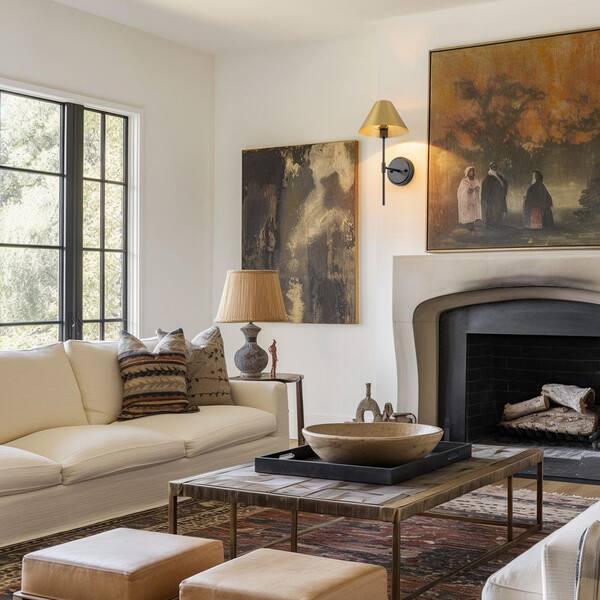 16.14 in. 1-Light Black and Brushed Gold Wall Sconce with Tapered Metal Shade